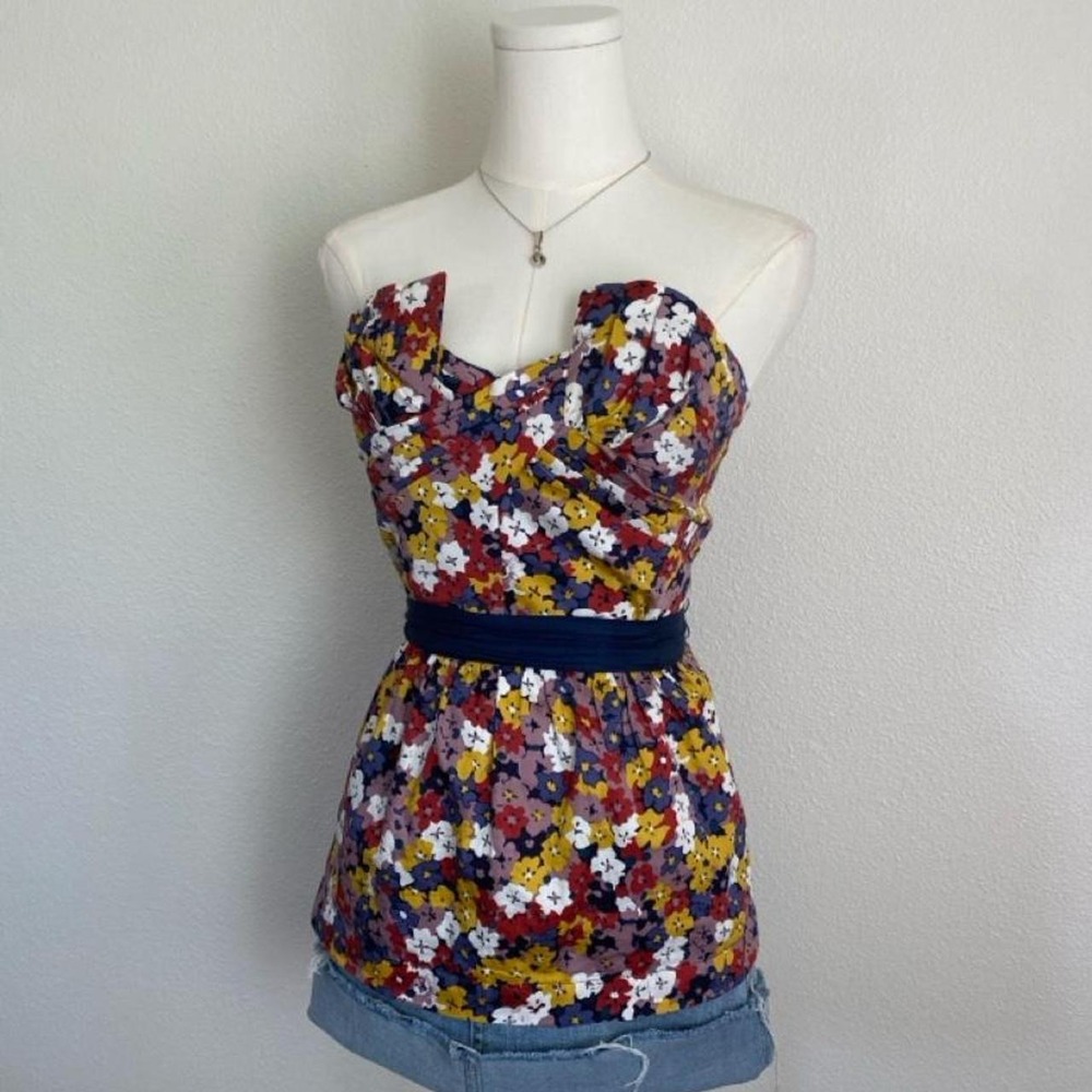 Vintage Y2K Porridge Strapless Floral Corset Top Multicolor Navy Waistband - Picture 2 of 7